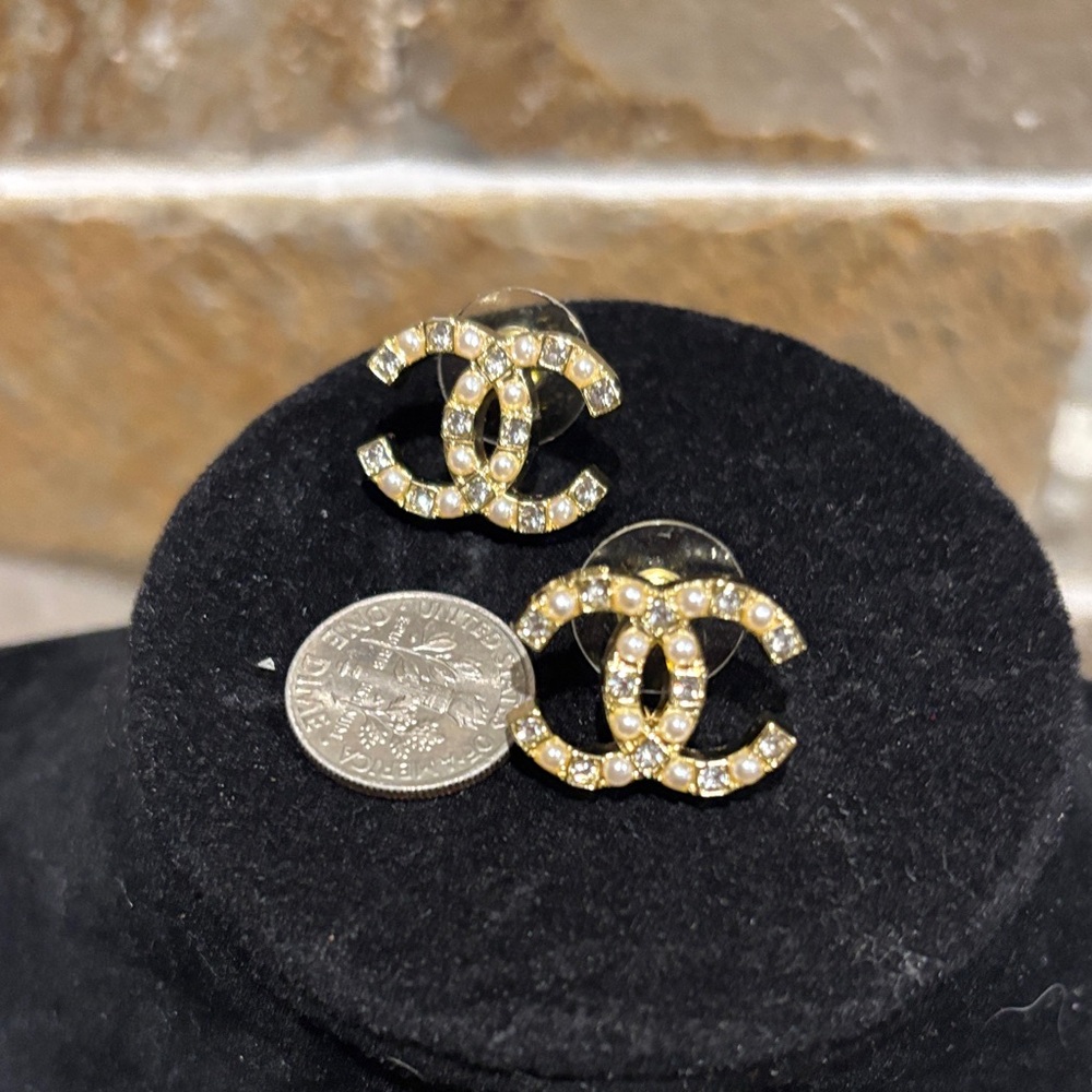 Gold Crystal Interlocking Logo Stud Earrings - image 2